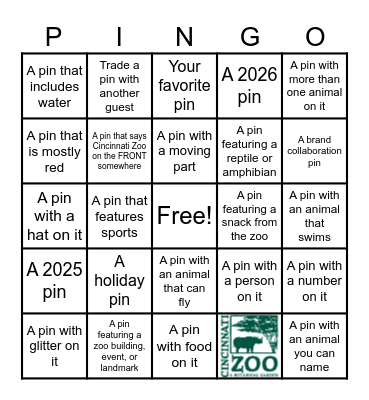 Cincinnati Zoo PINGO Bingo Card