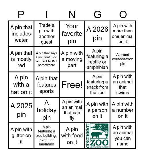Cincinnati Zoo PINGO Bingo Card