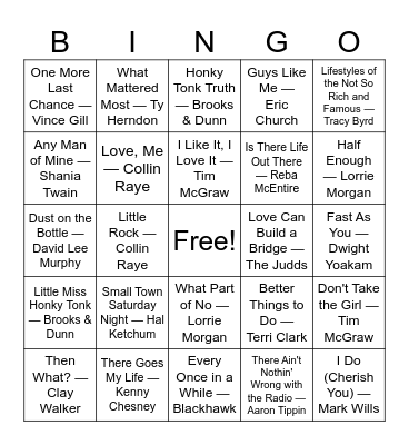 90's country Bingo Card