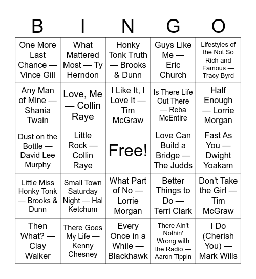 90's country Bingo Card