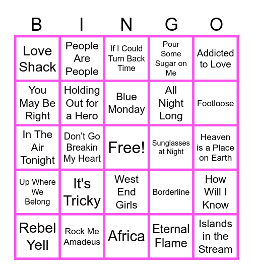 MUSIC BINGO at the Ann Arbor Eagles!  80s Prom! 🕺🪩💃 Bingo Card