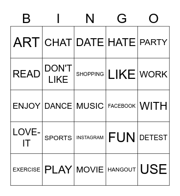 Activities and Interests Bingo Card