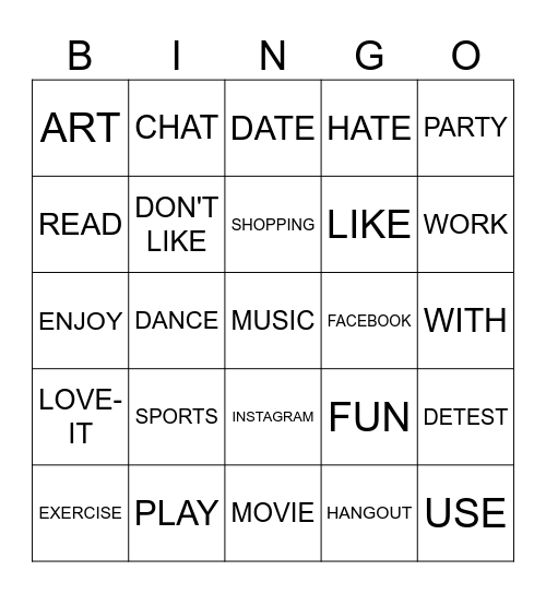 Activities and Interests Bingo Card