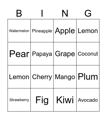 Fruits Bingo Card