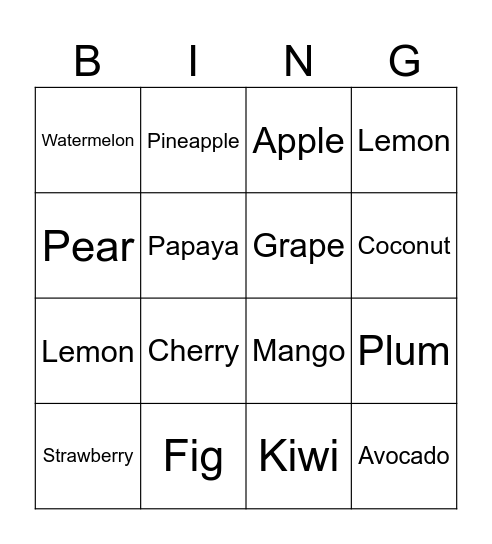Fruits Bingo Card