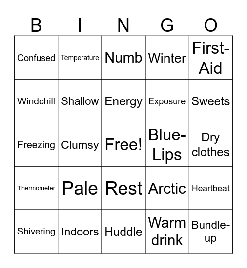 Hypothermia Bingo Card