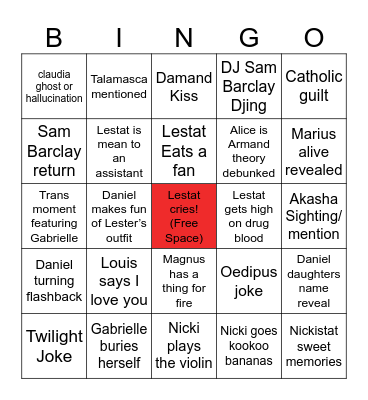 Lestat The Vampire Bingo Card
