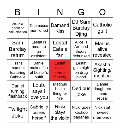 Lestat The Vampire Bingo Card