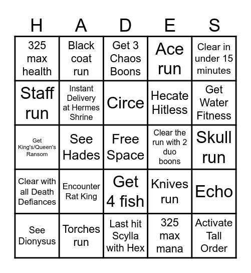 Hades 2 Lockout Bingo Card