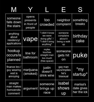 Myles’ Birthday Bingo Card