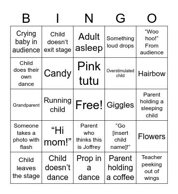 Kid dance recital Bingo Card