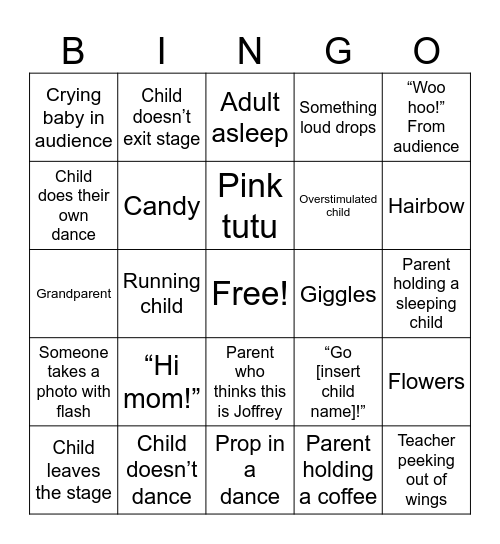 Kid dance recital Bingo Card