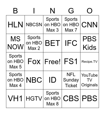 YouTube TV Channels Bingo Card