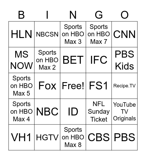 YouTube TV Channels Bingo Card