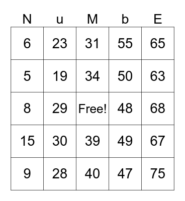 Number Bingo 1-75 Bingo Card
