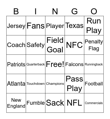 Super Bowl Bingo Card