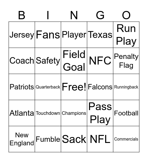 Super Bowl Bingo Card