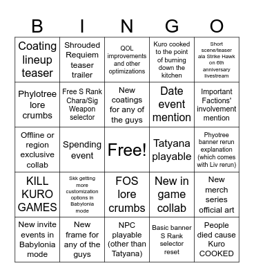 PGR 6.5 livestream bingo Card