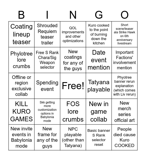 PGR 6.5 livestream bingo Card