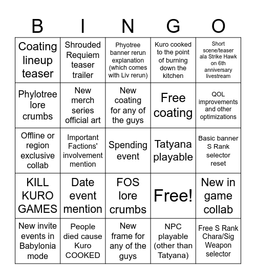 PGR 6.5 livestream bingo Card