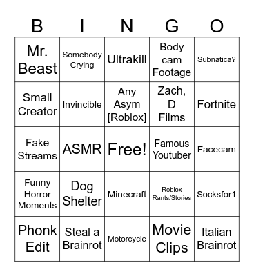 Youtube BINGO Card