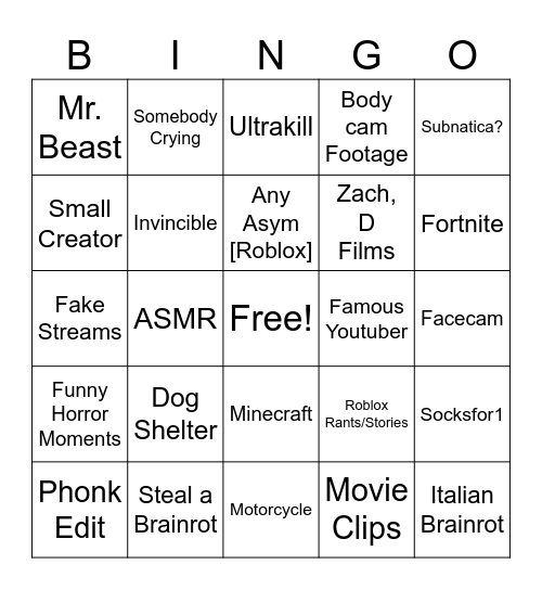 Youtube BINGO Card