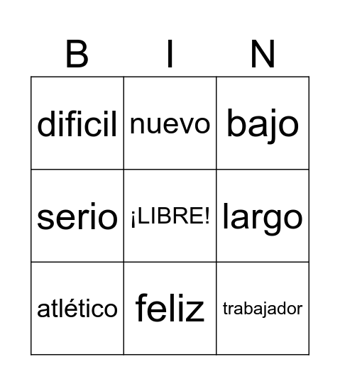 Los Adjetivos en Español Bingo Card