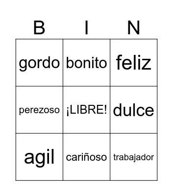 Los Adjetivos en Español Bingo Card