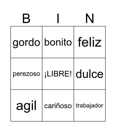Los Adjetivos en Español Bingo Card