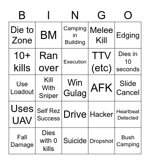Warzone Bingo Card