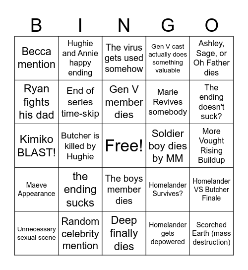 The Boys Series Finale Bingo Card