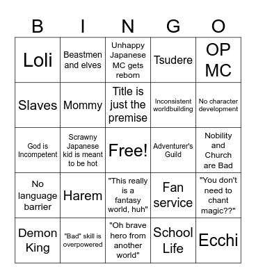 Isekai Bingo Card