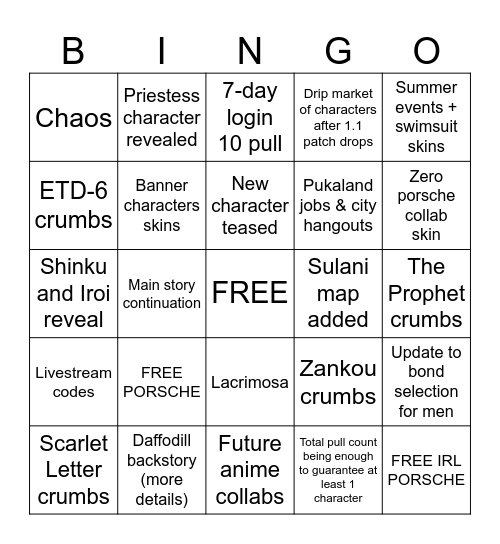 NTE 1.1 Livestream Bingo Card