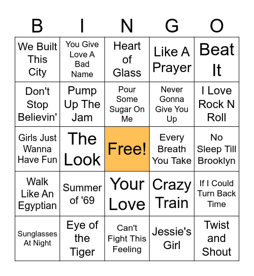 80s music bingo Card
