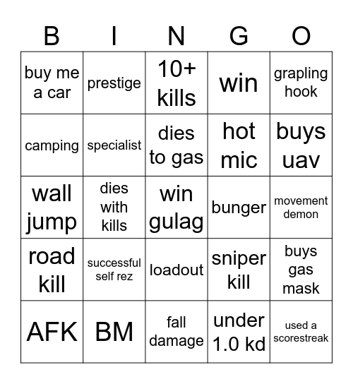 warzone bingo Card