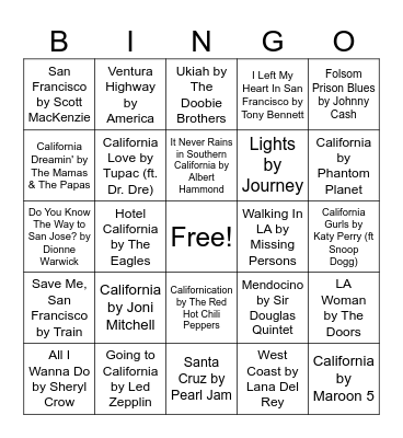California Bingo Card