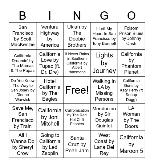 California Bingo Card