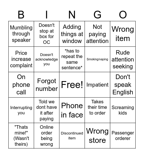 Dt Frustrations Bingo Card