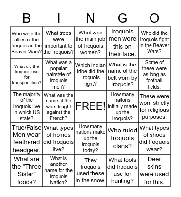 Iroquois Indians Bingo Card