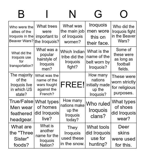 Iroquois Indians Bingo Card