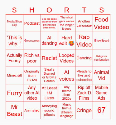 YT Shorts Bingo (can only tick off one per short) Bingo Card