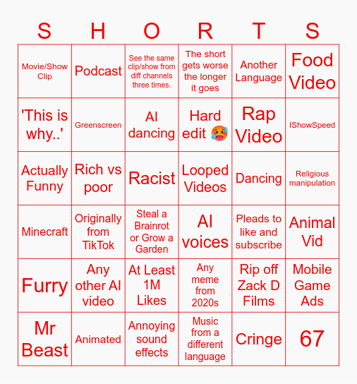 YT Shorts Bingo (can only tick off one per short) Bingo Card