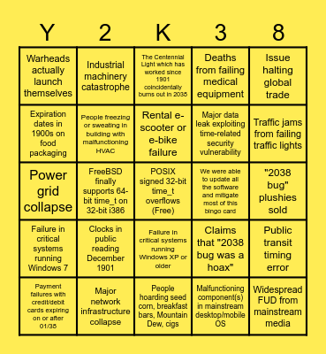 Year 2038 Epochalypse Bingo Card