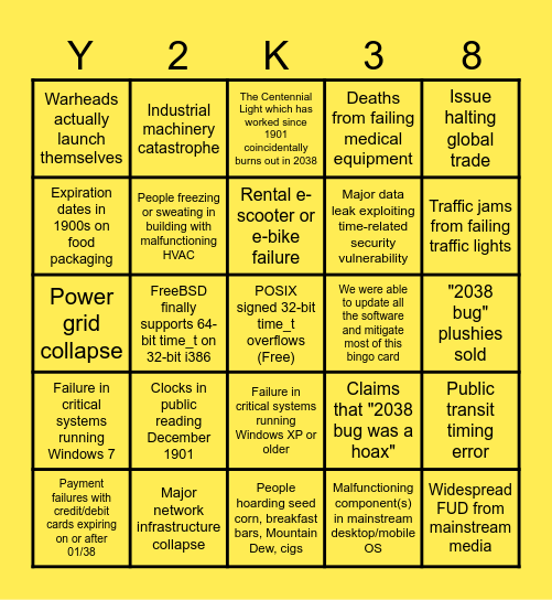Year 2038 Epochalypse Bingo Card