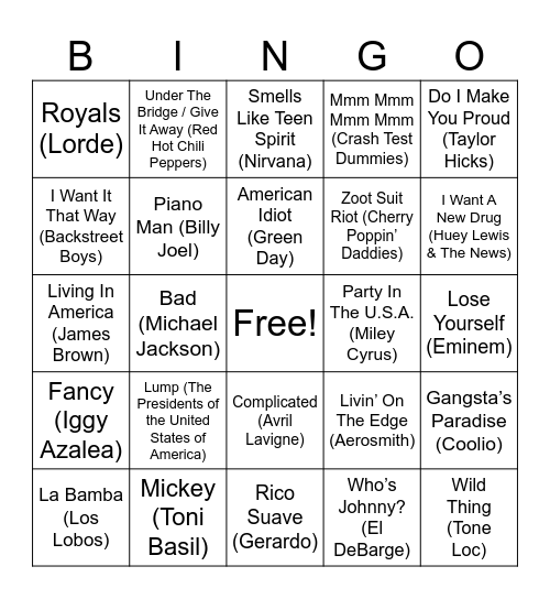 Music Bingo Card