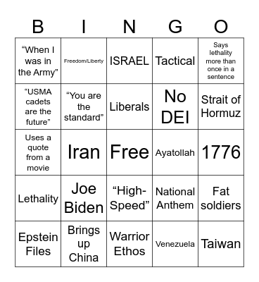 Pete Hegseth’s Speech Bingo Card