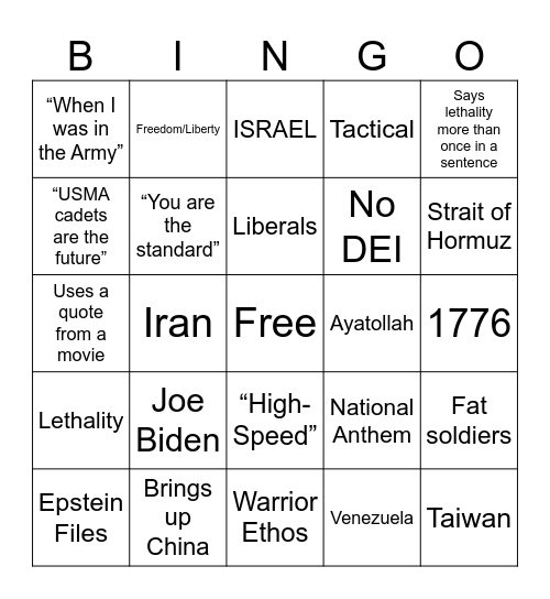 Pete Hegseth’s Speech Bingo Card