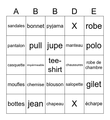 Les Vêtements Bingo Card