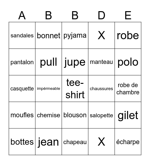 Les Vêtements Bingo Card