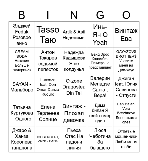 Музыкальное бинго! Bingo Card